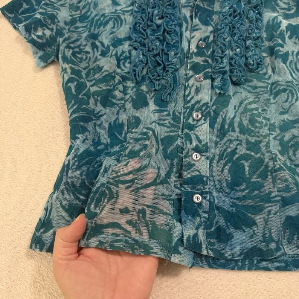 Vtg 90s Y2K Rampage Sheer Velvet Burnout Top Sz M Aqua Floral Ruffle Collar Mesh - Picture 3 of 14